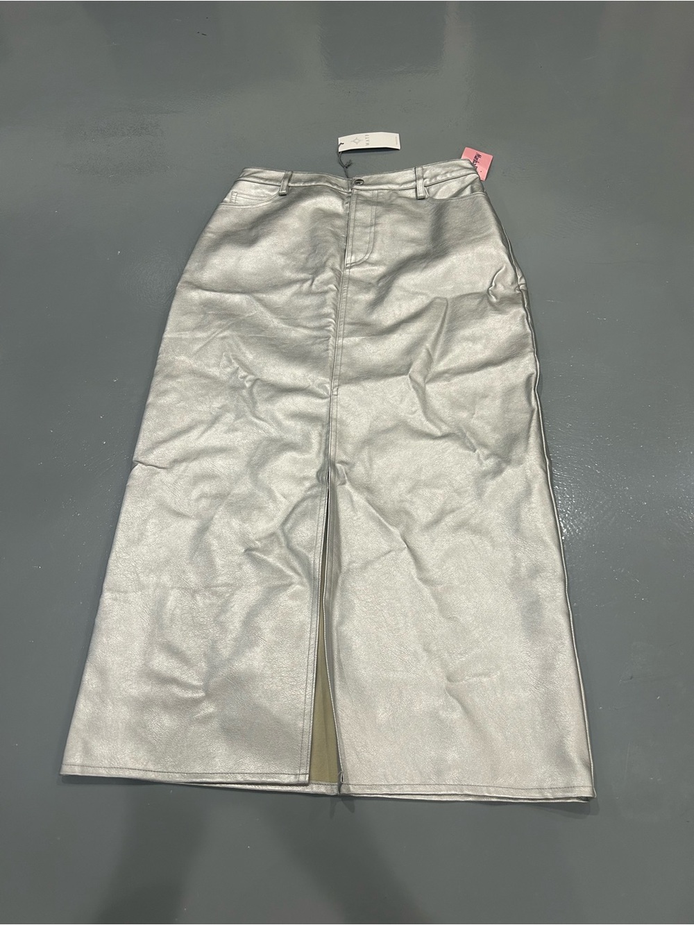 Wayf Silver A-Line Midi Skirt with Front Slit